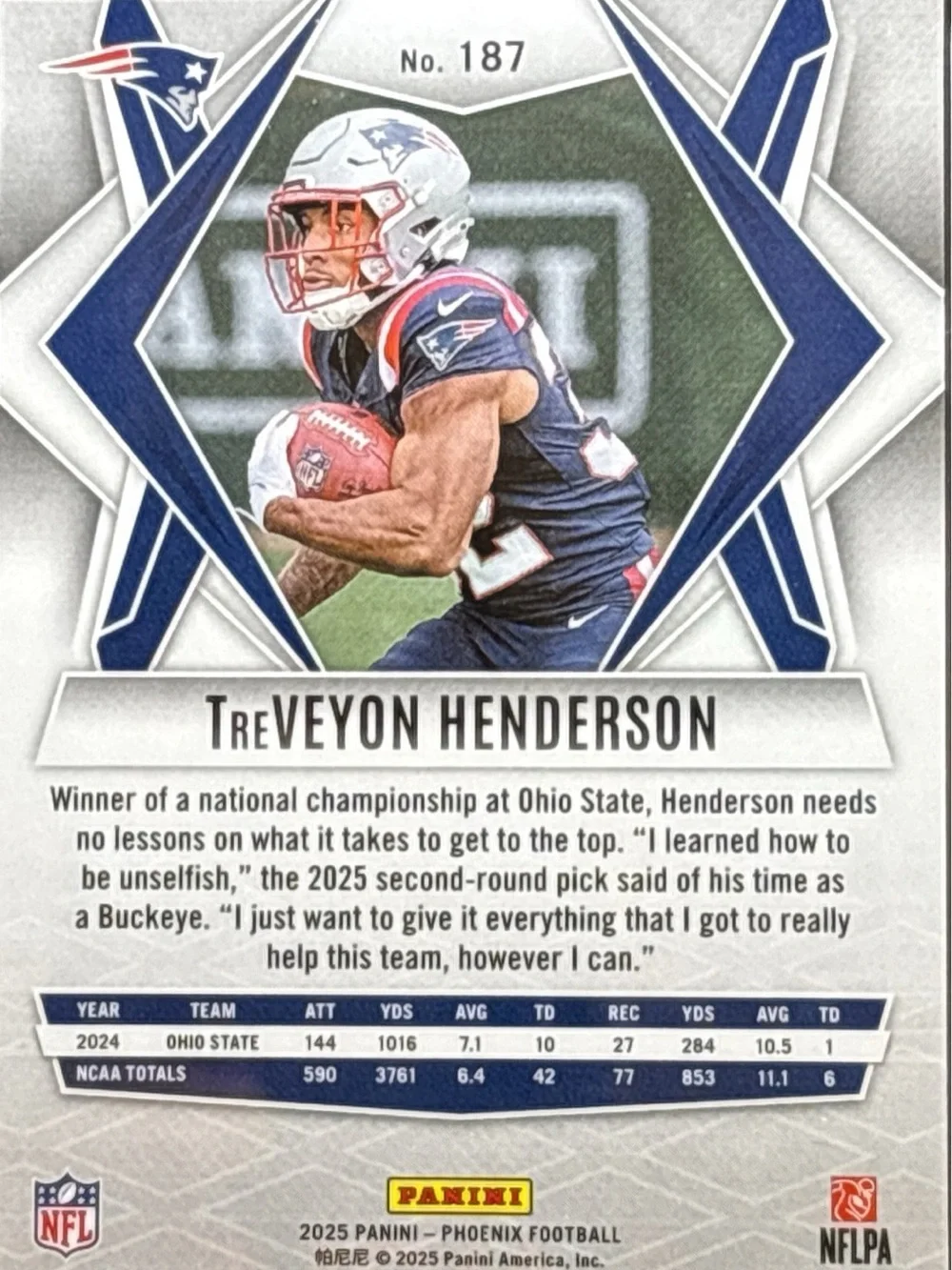 Panini Phoenix TreVeyon Henderson Patriots Rookie Football Card
